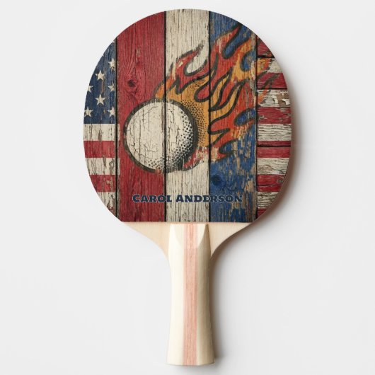 Custom Personalized Rustic Wood USA Flag Fire Ball Tischtennis Schläger (Vorderseite)