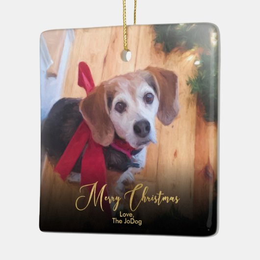 Custom Pet 2 Foto Elegante Gold Script Weihnachten Keramikornament (Links)