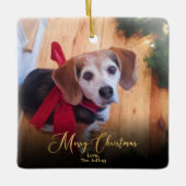 Custom Pet 2 Foto Elegante Gold Script Weihnachten Keramikornament (Vorderseite)