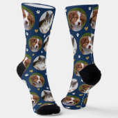 Custom Pet 2 Foto Heart Navy Blue Paw Print Socken (Gewinkelt)
