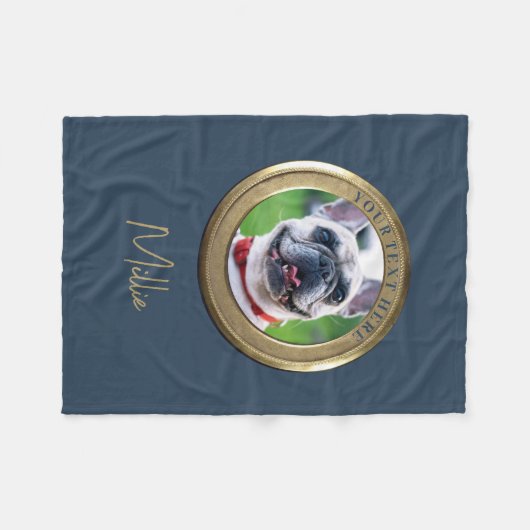 Custom Pet 2 Foto & Text Navy Blue Gold Fleecedecke (Vorderseite (Horizontal))