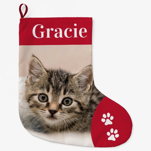 Custom Pet Cat Foto Holiday Red Personalisiert Großer Weihnachtsstrumpf (Vorderseite)