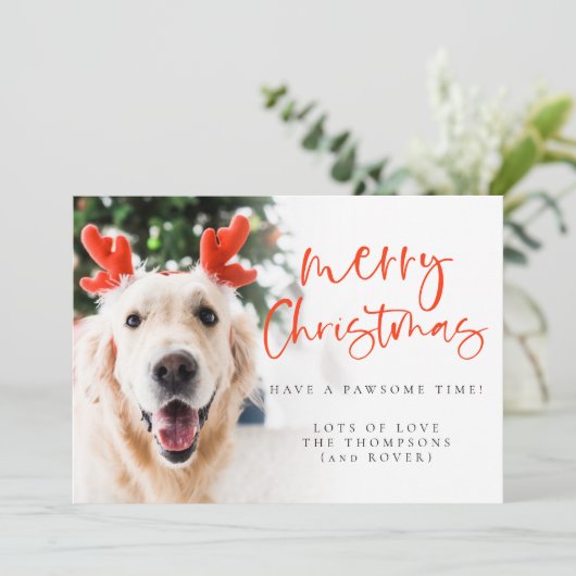 Custom Pet Foto Elegant Script Frohe Weihnachten (Stehend Vorderseite)