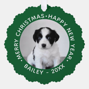 Custom Pet Foto mit dem Namen Green Border Christm Ornament Karte