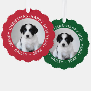 Custom Pet Foto Name Red Green Borders Weihnachten Ornament Karte