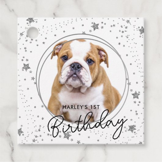 Custom Pet Foto Silver Glitzer Stars Hund Geburtst Geschenkanhänger (Vorderseite)