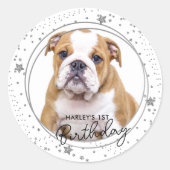 Custom Pet Foto Silver Glitzer Stars Hund Geburtst Runder Aufkleber (Vorderseite)