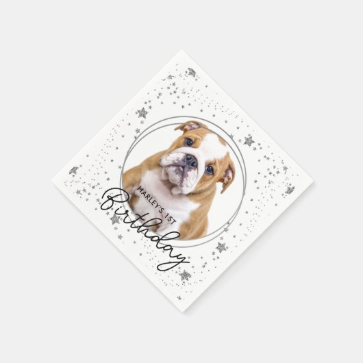 Custom Pet Foto Silver Glitzer Stars Hund Geburtst Serviette (Ecke)
