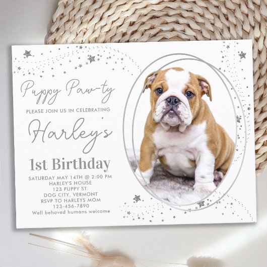 Custom Pet Foto Silver Stars Welpen Hund Geburtsta Einladungspostkarte