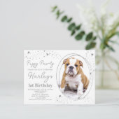 Custom Pet Foto Silver Stars Welpen Hund Geburtsta Einladungspostkarte (Stehend Vorderseite)