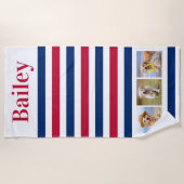 Custom Pet Hund 3 Foto Collage Red Blue Strip Strandtuch (Vorderseite)