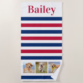 Custom Pet Hund 3 Foto Collage Red Blue Strip Strandtuch (Vorderseite)