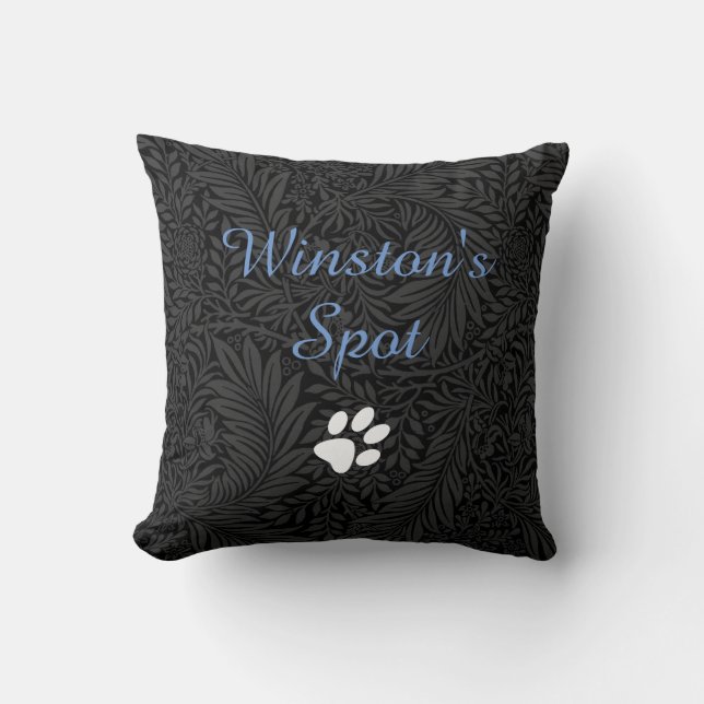 Custom Pet Name Black Floral Blue Script Kissen (Vorderseite)
