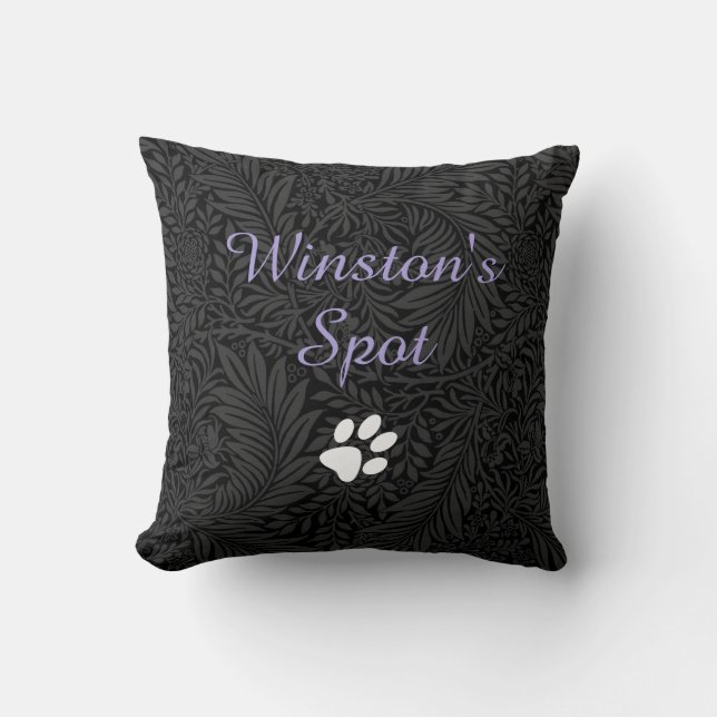 Custom Pet Name Black Floral Lavendel Skript Kissen (Vorderseite)