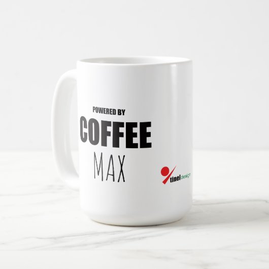 Custom Pet Name Coffee Mug | Powered by Coffee and Kaffeetasse (Vorderseite Links)