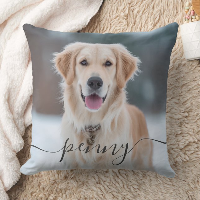 Custom Pet Name Photo Elegant Script Dog Kissen (Decke)