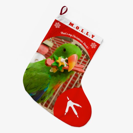 Custom Pet Parrot Photo Holiday Red Personalized  Großer Weihnachtsstrumpf (Vorderansicht (hängend))