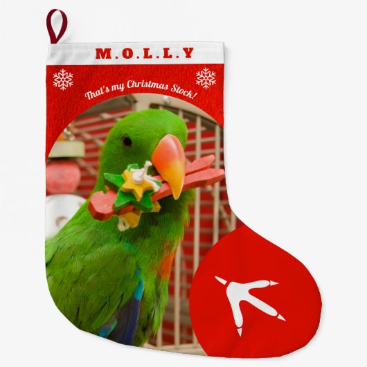 Custom Pet Parrot Photo Holiday Red Personalized  Großer Weihnachtsstrumpf (Vorderseite)