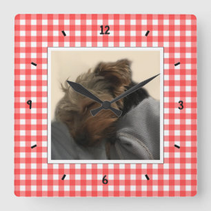 Custom Pet Photo Country Red Buffalo Check Plaid Quadratische Wanduhr