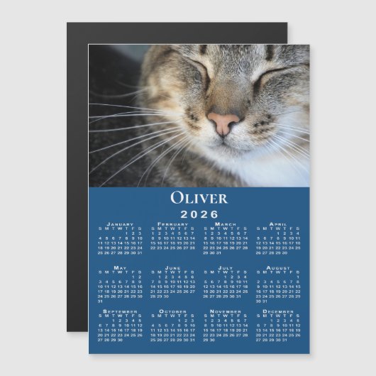 Custom Pet Photo Name 2026 Calendar Blue Magnet (Vorne/Hinten)