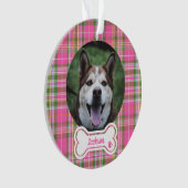Custom Pet Photo Ornament Pink & Green Plaid Bone  (Vorderseite)