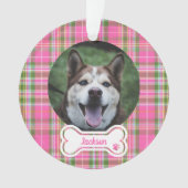 Custom Pet Photo Ornament Pink & Green Plaid Bone  (Vorderseite)