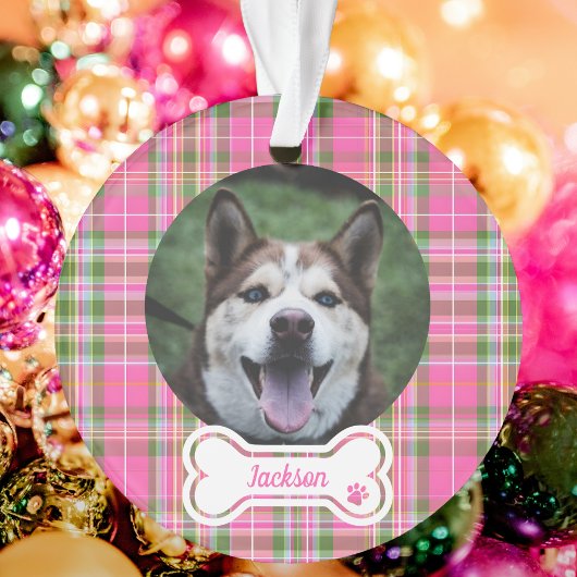 Custom Pet Photo Ornament Pink & Green Plaid Bone 