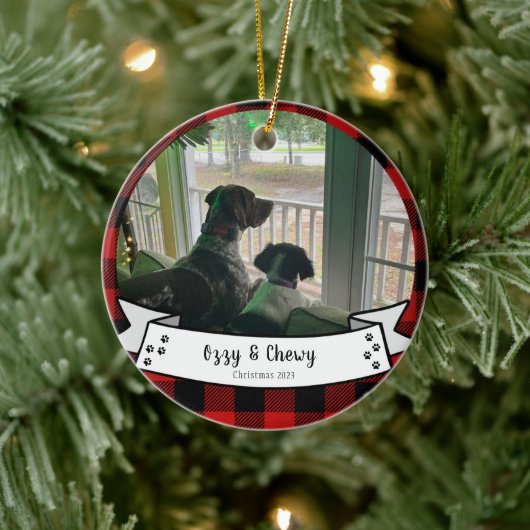 Custom Pet Photo Red Buffalo Christmas Keramik Ornament (Baum)