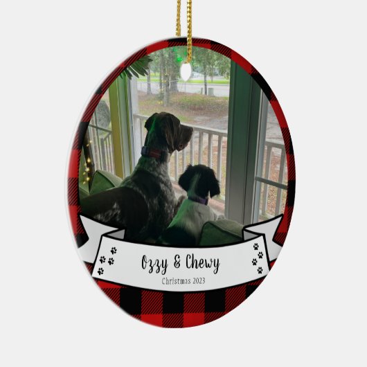 Custom Pet Photo Red Buffalo Christmas Keramik Ornament (Rechts)