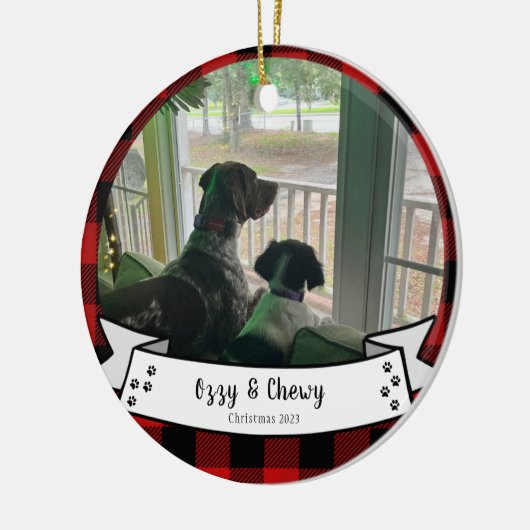 Custom Pet Photo Red Buffalo Christmas Keramik Ornament (Links)