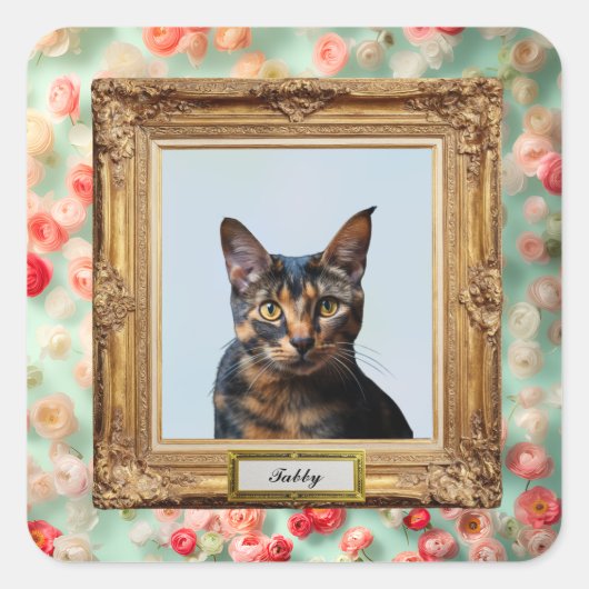 Custom Pet Portrait Label – Your Cat in a Frame Quadratischer Aufkleber (Vorderseite)