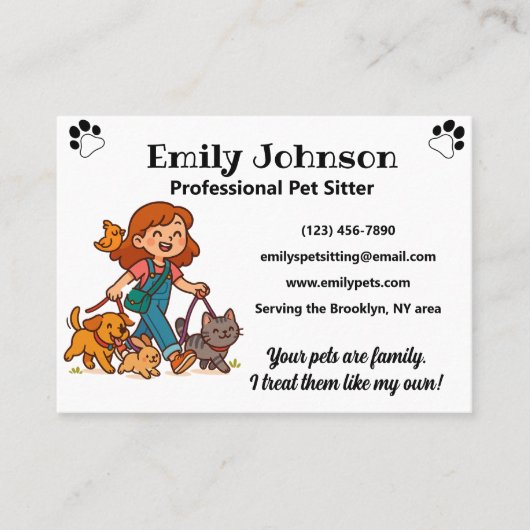 Custom Pet Sitter Business Card with Cute Cartoon Visitenkarte (Vorderseite)