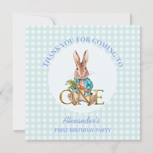 Custom Peter das Kaninchen Erster Geburtstag Dankeskarte (Vorderseite)
