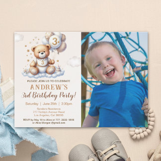 Custom Photo 3rd Birthday Invite – Bear on a Cloud Einladung