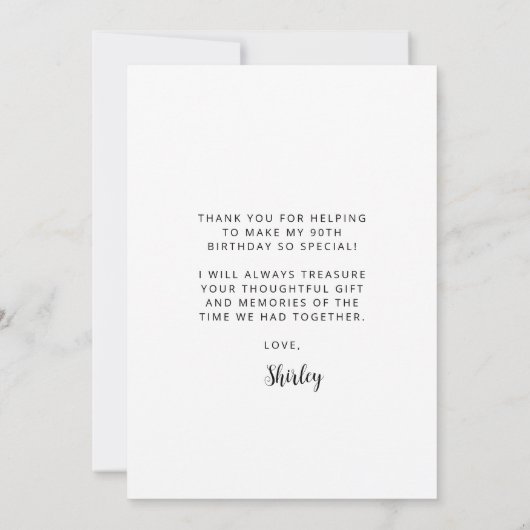 Custom Photo 90th Birthday Party Black Script Dankeskarte (Rückseite)