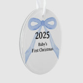 Custom Photo Baby's First Christmas YEAR Blue Bow Ornament (Vorderseite)
