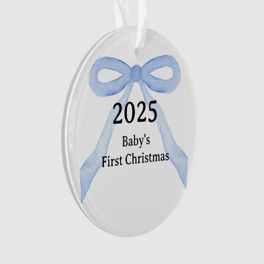 Custom Photo Baby's First Christmas YEAR Blue Bow Ornament (Vorderseite)
