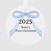 Custom Photo Baby's First Christmas YEAR Blue Bow Ornament (Vorderseite)