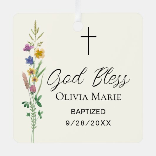 Custom Photo Baptism Wildflower Ceramic Ornament Aus Metall (Vorderseite)