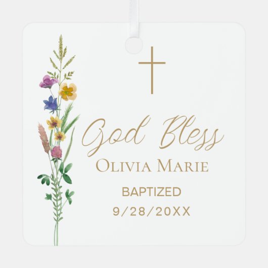 Custom Photo Baptism Wildflower Ceramic Ornament Aus Metall (Vorderseite)