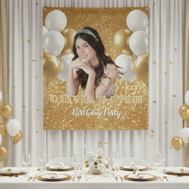 Custom Photo Birthday Backdrop, gold & white Wandteppich