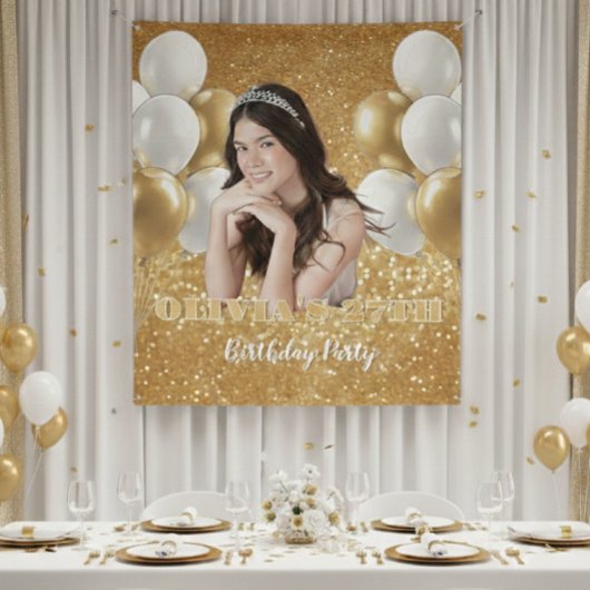 Custom Photo Birthday Backdrop,  gold & white Wandteppich