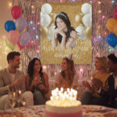 Custom Photo Birthday Backdrop,  gold & white Wandteppich