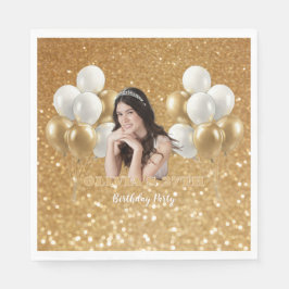 Custom Photo Birthday Paper Napkin Gold & White Serviette