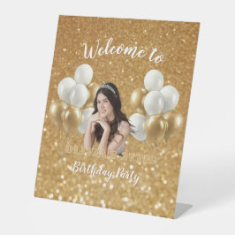 Custom Photo Birthday Pedestal Sign Gold & White Sockelschild