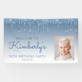 Custom Photo Blue Glitter Drip 50th Birthday Banner (Horizontal)