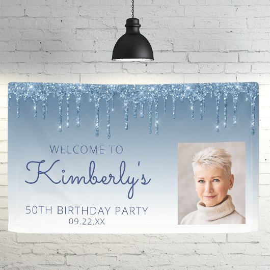 Custom Photo Blue Glitter Drip 50th Birthday Banner