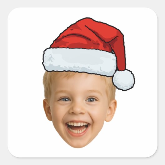 Custom Photo Christmas | Face with Santa Hat  Quadratischer Aufkleber (Vorderseite)