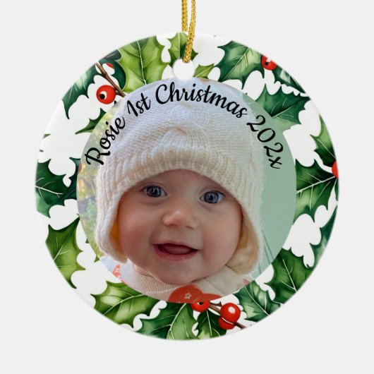 custom photo Christmas holly ceramic ornament (Vorne)