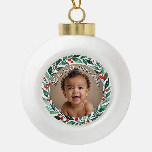custom photo christmas holly ceramic ornament (Vorderseite)